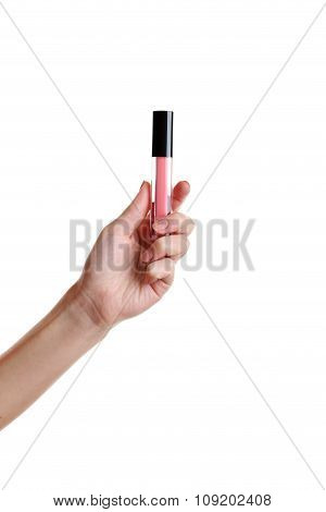 Female Hand With Lip Gloss Isolated On White