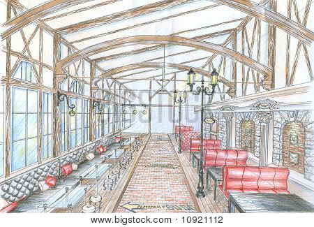 Hand Drawn Sketch Of Restaurant Hall