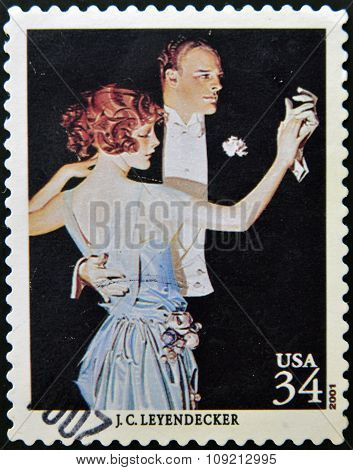 A stamp printed in USA shows arrow collars and shirts for dress by Leyendecker circa 2001