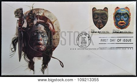A stamp printed in USA shows Indian Art circa 1980