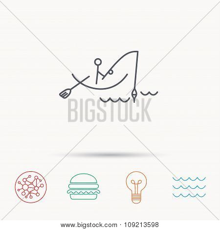 Fishing icon. Fisherman on boat sign.