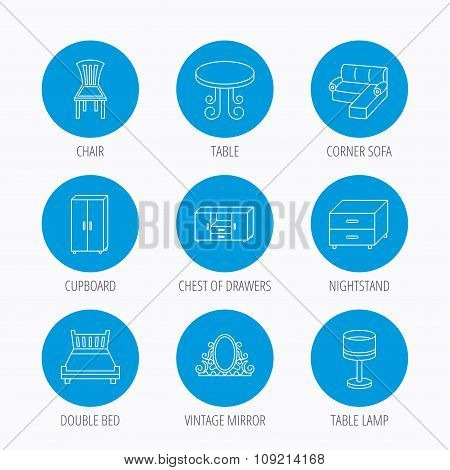 Corner sofa, table and cupboard icons.