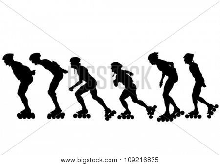 Silhouette of boy on roller skates on white background