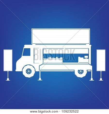Food Truck In White Color On Blue Background. Flat Design Vector Illustration.