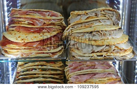 Lots Of Piadina Stuffed For Sale In The Restaurant In Central Italy