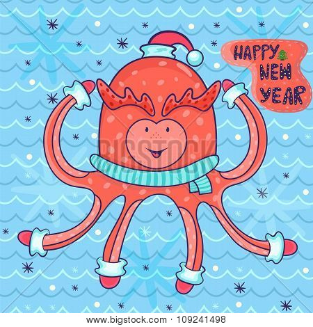 Vector New Year Greeting Card In Childish Style. Happy Octopus In Santa Hat, Scarf, Gloves. Amazing