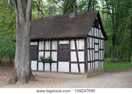 Half timbered house in forest