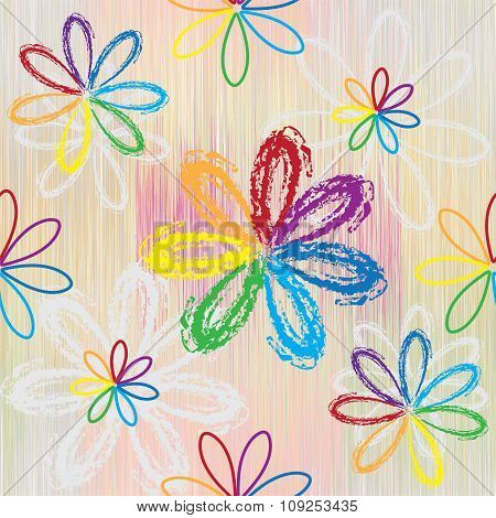Seamless pattern with abstract rainbow flowers on colorful striped background