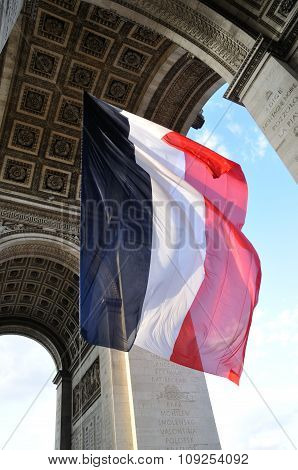French Flag Flying Under Arc De Triomphe