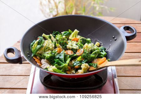 Vegetables In Frying Pan Being Cooked Into Capcay