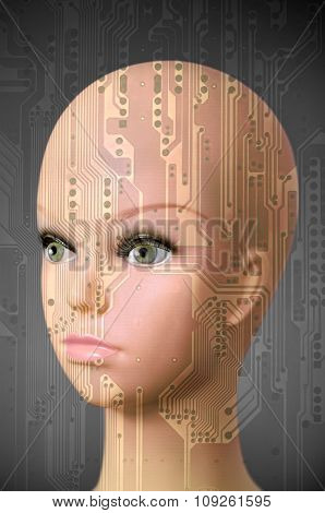 Female Cyborg Head On Dark Gray Background
