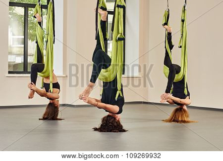 Antigravity yoga exercise. group