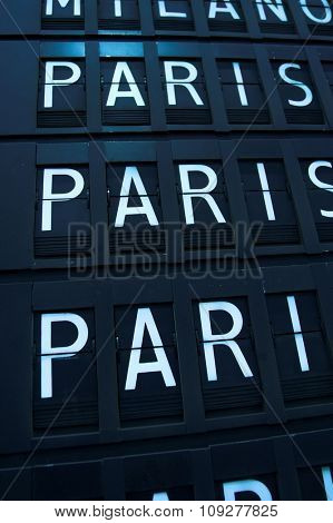 Airport departures and arrivals. Flight info board on airport. Paris concept