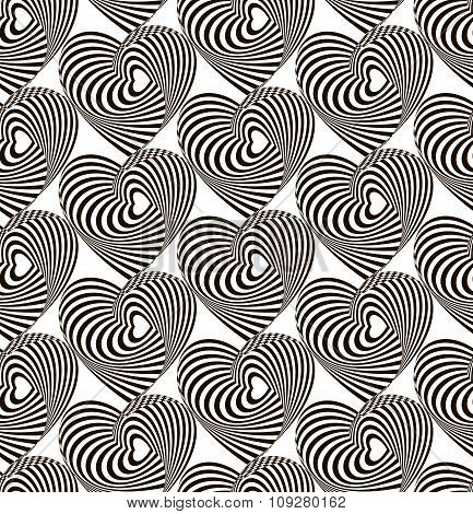 Abstract linear geometric seamless black and white pattern heart with an optical illusion. Vector ba