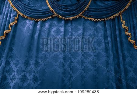 Blue theater curtain. Stage show presentation concept