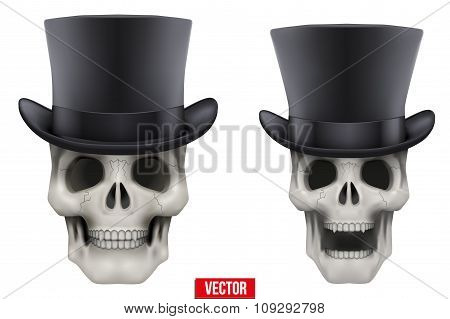 Human skull with black cylinder hat