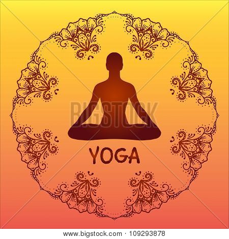 Yoga icons and round line badges, vector graphic design elements floral ornament mehendi in outline