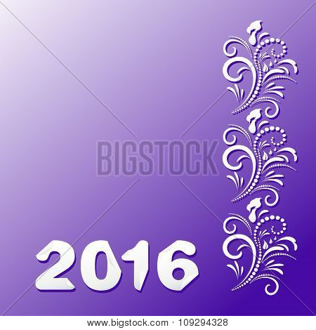 2016 Happy New Year and Merry Christmas, white floral ornament on a purple background. Vector Illyus