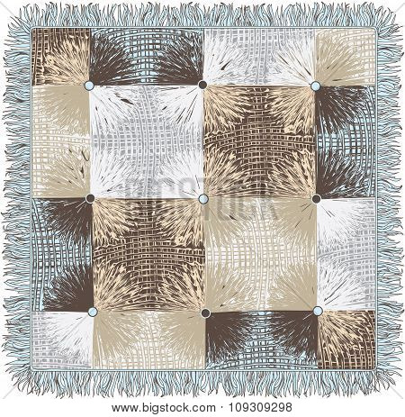 Checkered quilt weave plaid with decorative circles and fringe