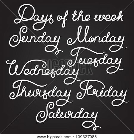 Handwritten days of the week: Sunday, Monday, Tuesday, Wednesday, Thursday, Friday, Saturday. Calligraphy words for calendars and organizers. Stock vector lettering typography