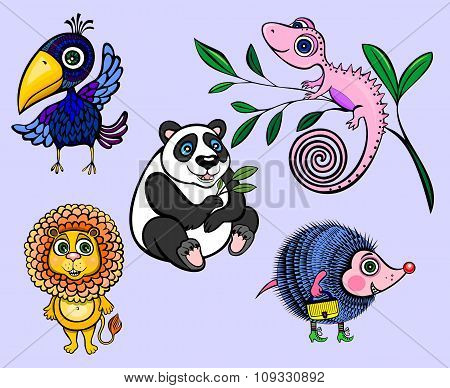 A set of 5 animals. Panda, lizard, chameleon, lion ,crow ,hedgehog.
