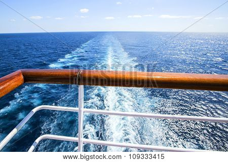 Trail On Water Surface Behind Of Cruise Ship.