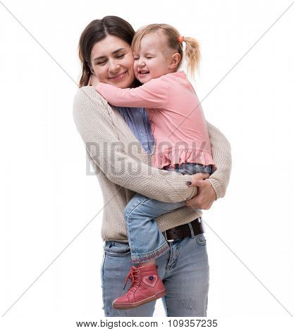 mother with little daughter in her arms hugging isolated on white background