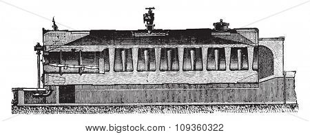Galloway boiler, longitudinal section, vintage engraved illustration. Industrial encyclopedia E.-O. Lami - 1875.