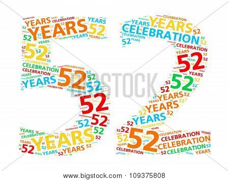 Colorful word cloud for celebrating a 52 year birthday or anniversary
