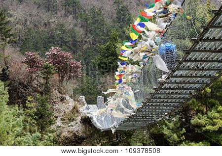 Pendant Bridge Connecting Banks Of River Dudh Kosi In Eastern Nepal,everest Region,asia