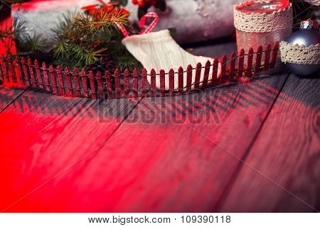 Christmas background on wooden table and copy space,