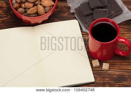 Blank Open Notepad. Cup Of Coffee. Wooden Background