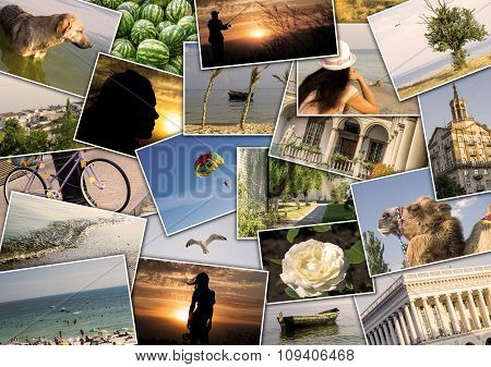 Mosaic Collage Mix Travel In Summer 2015 With Pictures Of Different Places, Landscapes And Objects S