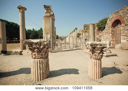 Old Town Area With Broken Columns And Ruined Defensive Walls Of Greek-roman City Ephesus.