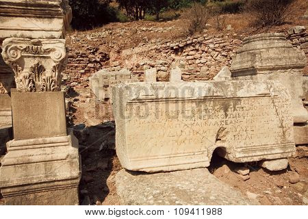Carved Columns And Walls Falled Down From Greek-roman Empire Time, Ephesus