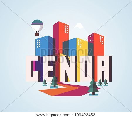 Genoa in italy is Beautiful city to visit on holiday, vector cartoon illustration