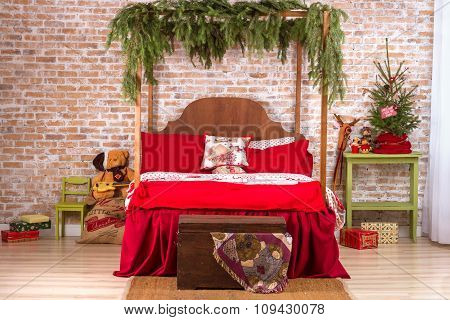 Red Bed In Christmas Interior