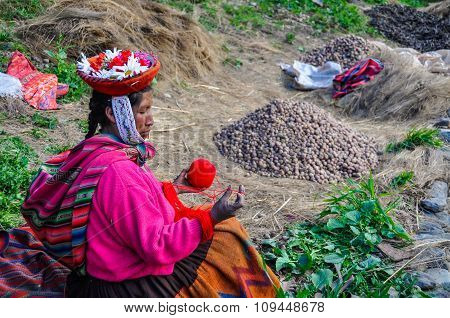 Quechua Woman Working In A Village In The Andes, Ollantaytambo, Peru