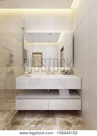 Contemporary Sink Console In White Color With A Shelf.