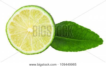 Slice Of Fresh Kaffir Lime Fruit With Leaf