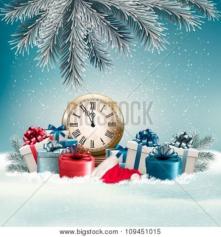 Winter background with presents and clock. Vector.