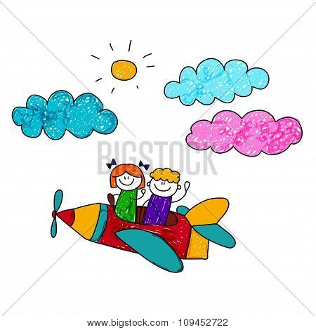 Happy boy and girl fly in pencil airplane