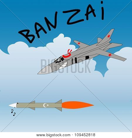Satire Humor Sketch. Russian Plane Attacks The Turkey Rocket