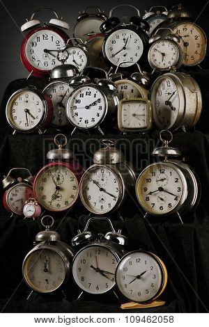 collection of vintage alarm clocks
