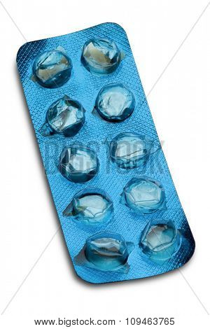 empty blue aluminum pill container on white