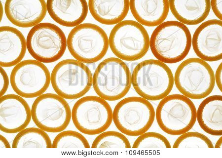 a frameful of latex condoms lit through