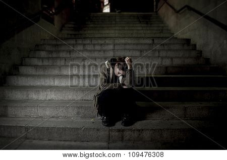 Sad Woman Alone On Street Subway Staircase Suffering Depression Looking Looking Sick And Helpless
