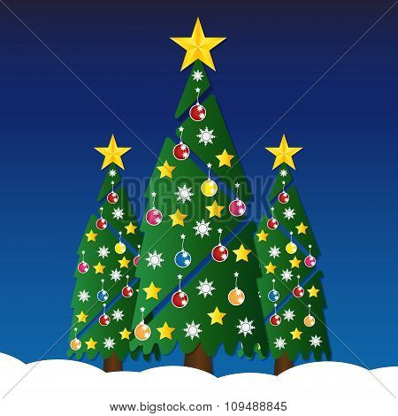 Christmas Tree With Colorful Ornaments And Glod Star On White Snow In Night Light. Vector Illustrati