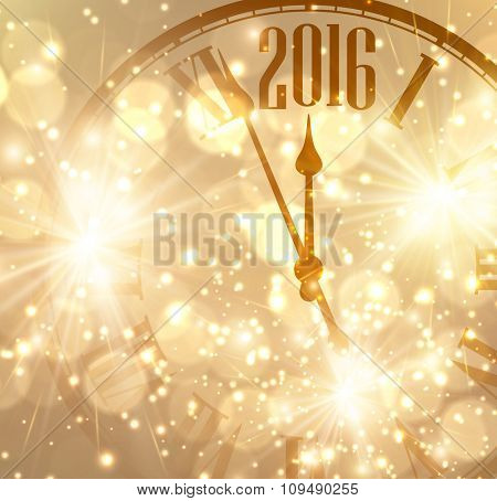 2016 New Year shining background with clock. Vector illustration.
