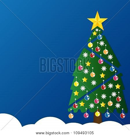Christmas Tree With Colorful Ornaments And Glod Star On White Snow In Night Light Blue Background. V